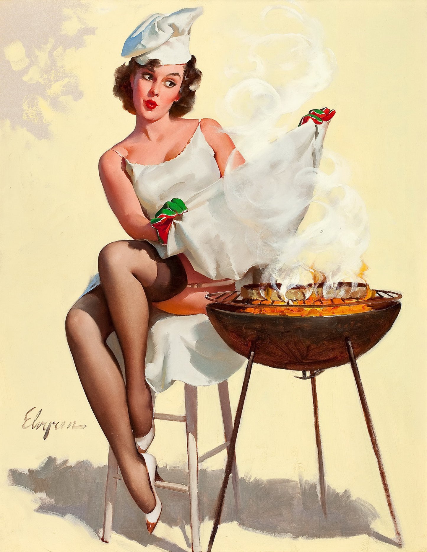 D#401 Wall art print, Poster, Pinup Art, Fashion, Aesthetic, Fashionista, Ad, Beauty, Sexuality, Lady making Barbeque, Pinup, Set of 4 prints