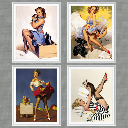 D#366 Wall art print, Poster, Pinup Art, Fashion, Aesthetic, Fashionista, Ad, Beauty, Sexuality, Lady with Dog, Pinup, Set of 4 prints