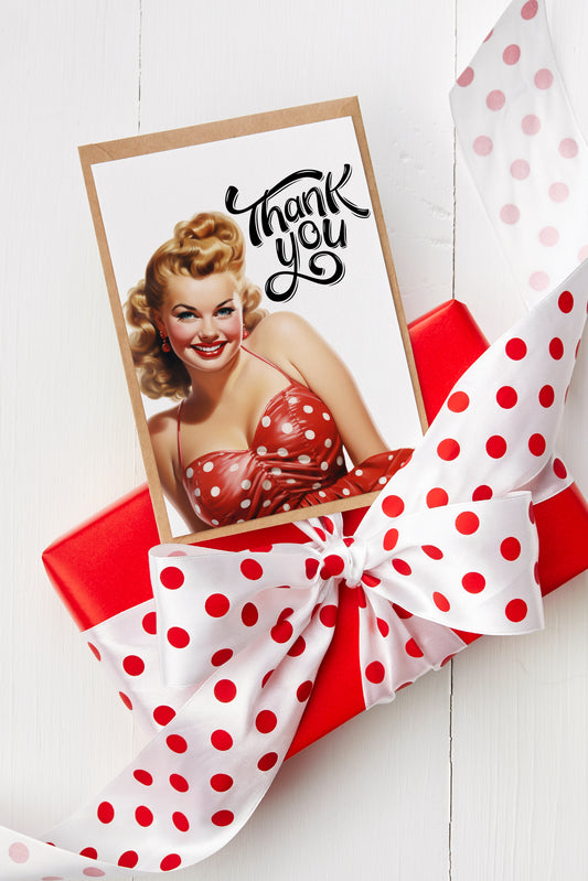 Design#190  Greeting Card, Love, Gifts, Pinup, Glamour, Polca Dots, Plus size Lady, Chic, Fashion, Thank you