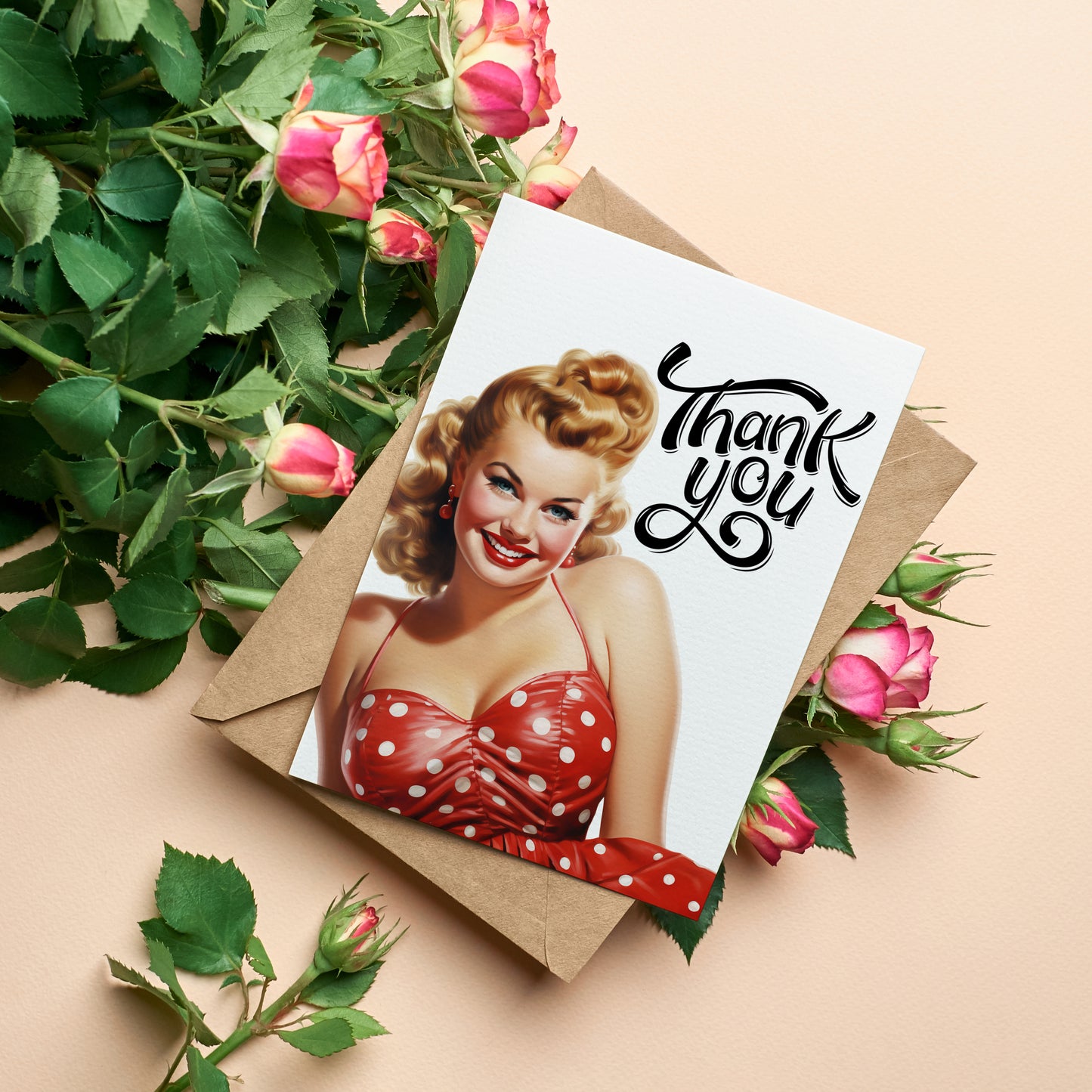 Design#190  Greeting Card, Love, Gifts, Pinup, Glamour, Polca Dots, Plus size Lady, Chic, Fashion, Thank you