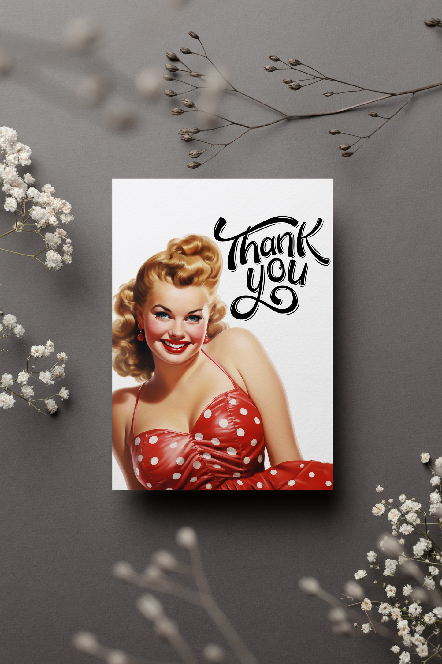 Design#190  Greeting Card, Love, Gifts, Pinup, Glamour, Polca Dots, Plus size Lady, Chic, Fashion, Thank you