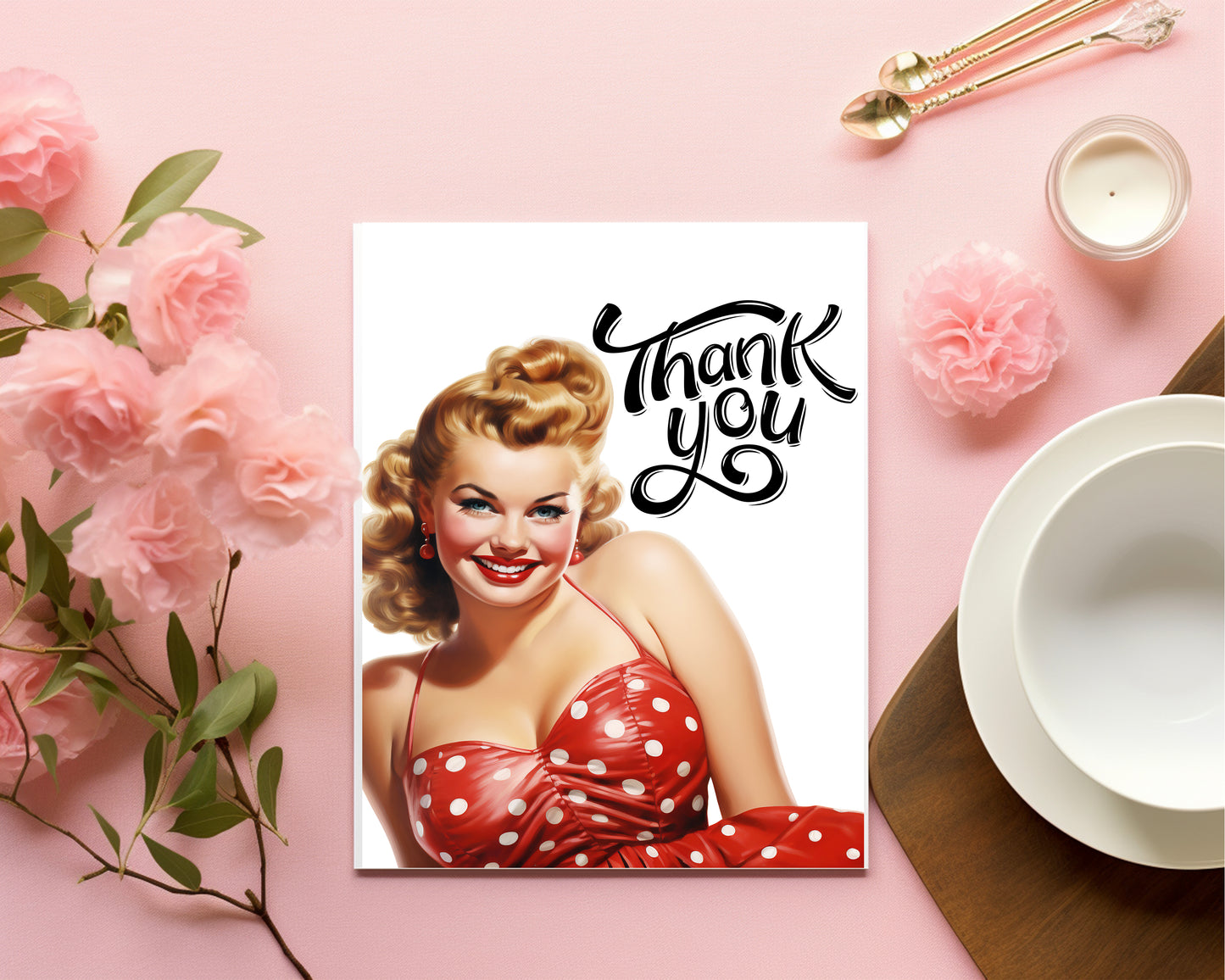 Design#190  Greeting Card, Love, Gifts, Pinup, Glamour, Polca Dots, Plus size Lady, Chic, Fashion, Thank you