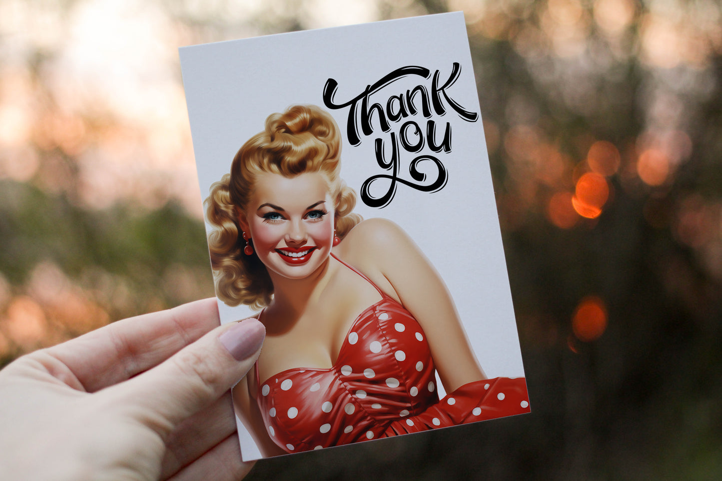 Design#190  Greeting Card, Love, Gifts, Pinup, Glamour, Polca Dots, Plus size Lady, Chic, Fashion, Thank you