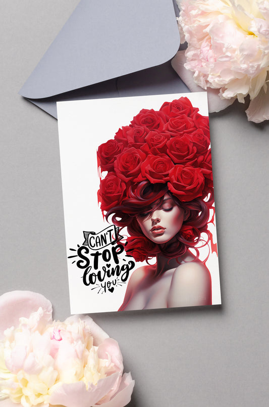 Design#132 Greeting Card, Love, Valentines, Hearts, Flowers, Romance, Lady with Roses Head