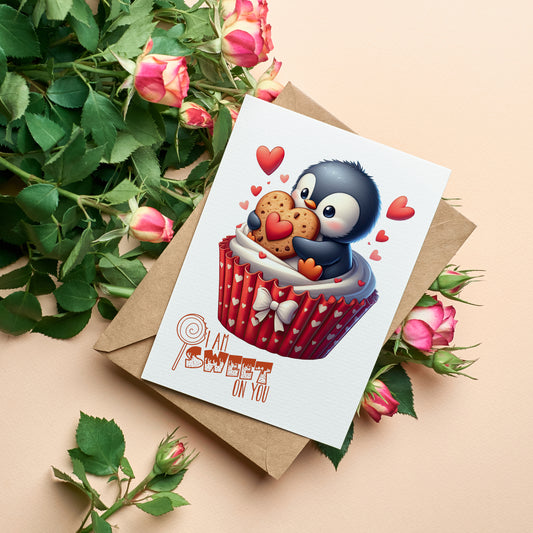 Design#141 Greeting Card, Love, Valentines, Hearts, Gifts, Pets, Romance, Cute little penguin with Heart Cookie