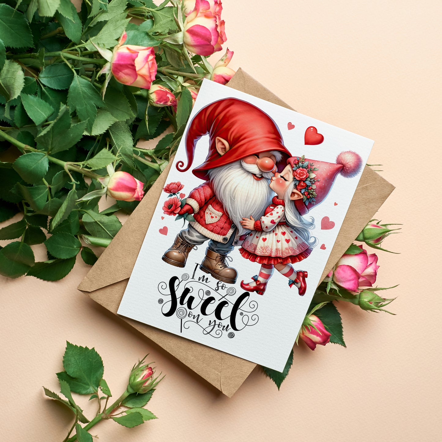 Design#146 Greeting Card, Love, Valentines, Hearts, Gifts, Romance, Cute little Gnomes Kissing Each Other