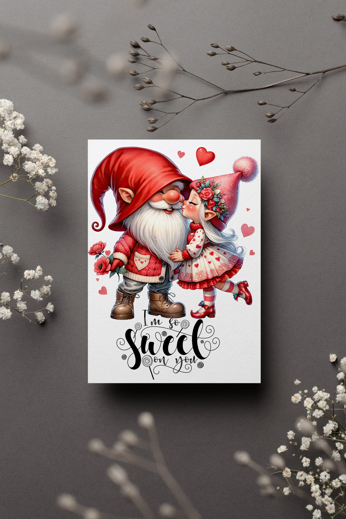 Design#146 Greeting Card, Love, Valentines, Hearts, Gifts, Romance, Cute little Gnomes Kissing Each Other