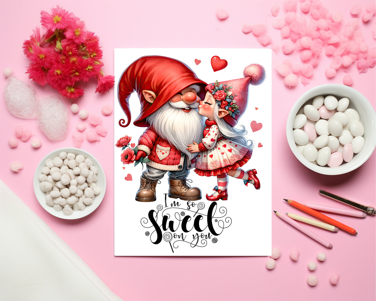 Design#146 Greeting Card, Love, Valentines, Hearts, Gifts, Romance, Cute little Gnomes Kissing Each Other