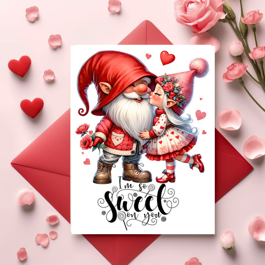 Design#146 Greeting Card, Love, Valentines, Hearts, Gifts, Romance, Cute little Gnomes Kissing Each Other