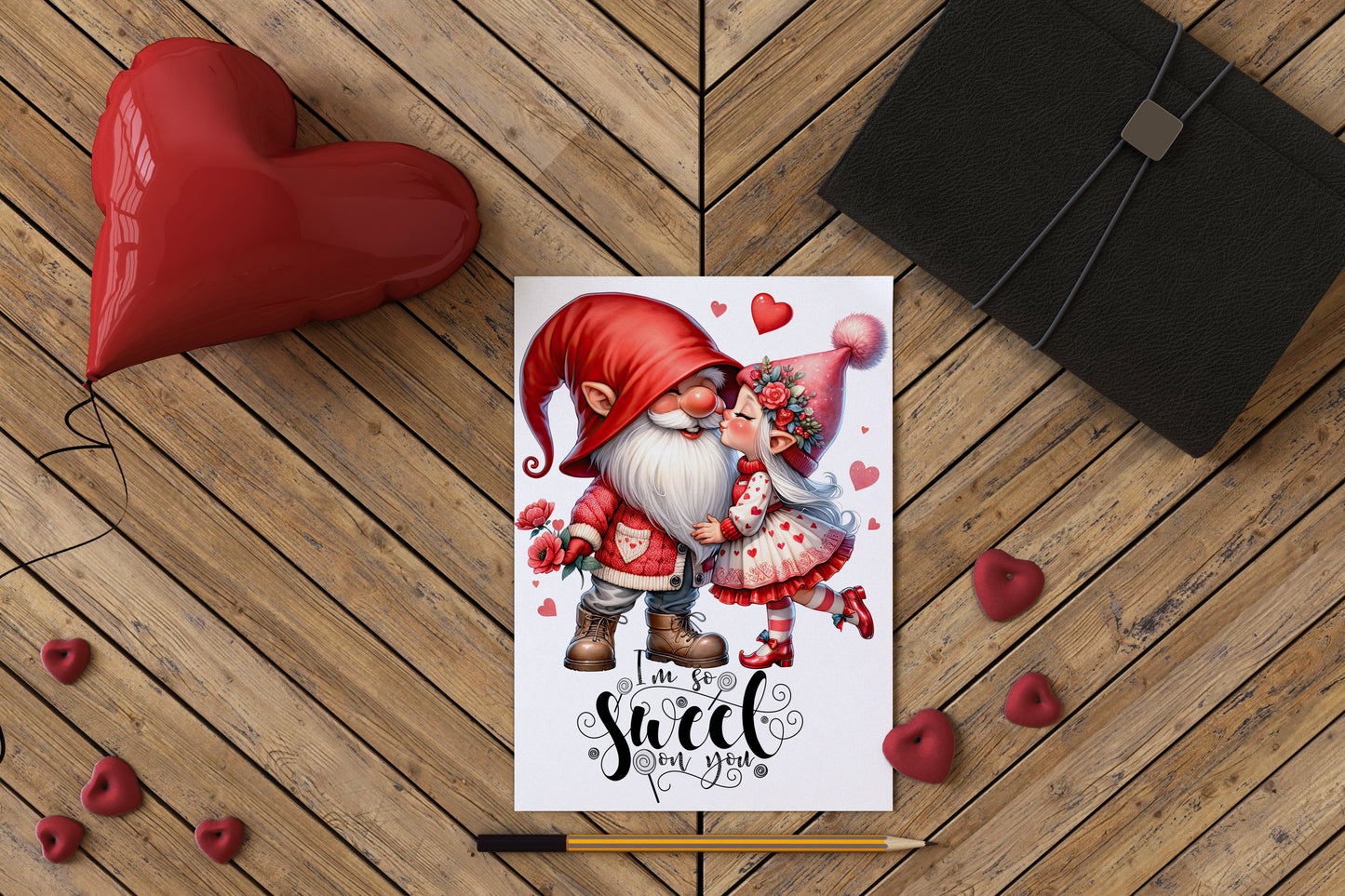 Design#146 Greeting Card, Love, Valentines, Hearts, Gifts, Romance, Cute little Gnomes Kissing Each Other