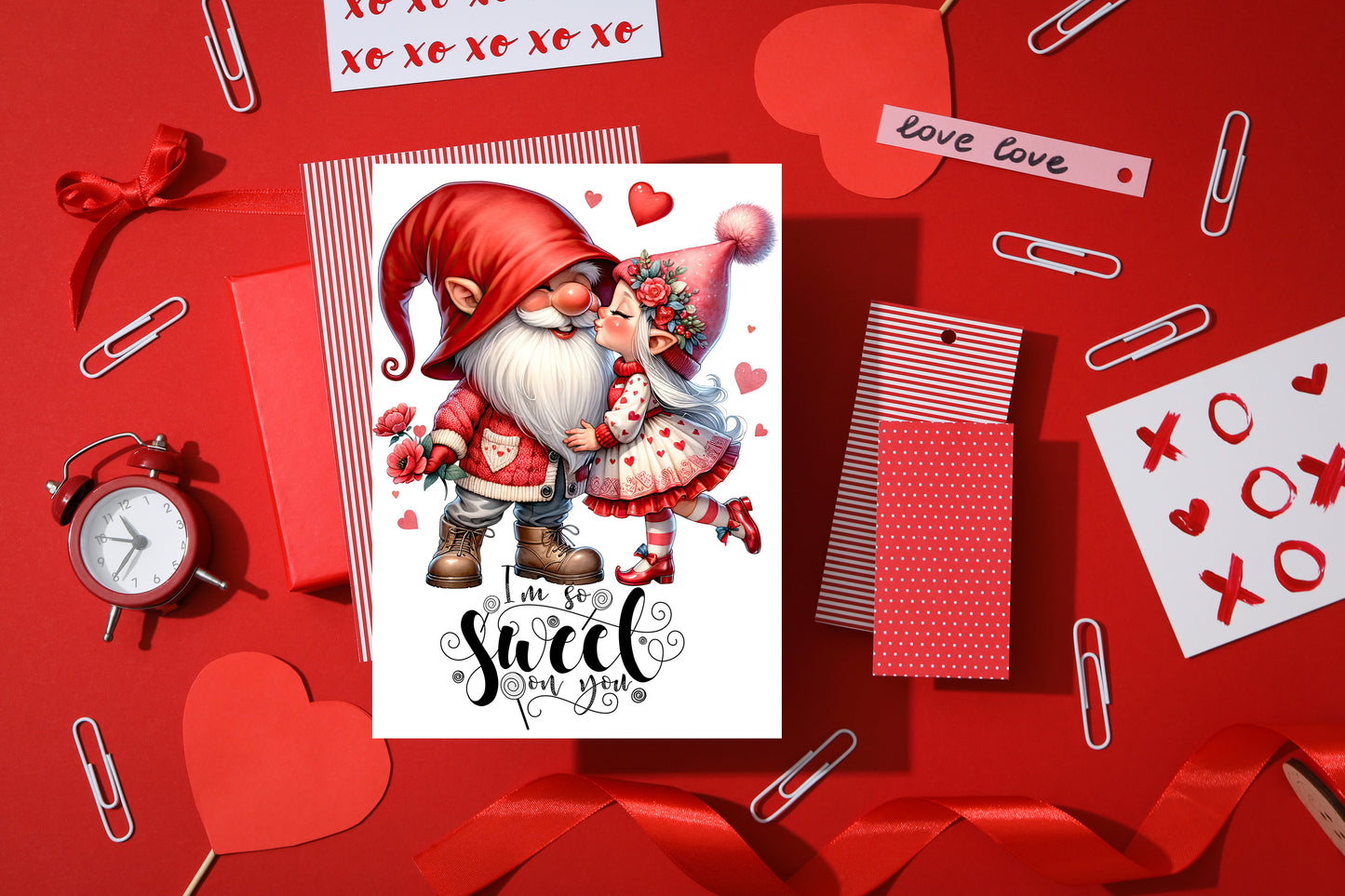 Design#146 Greeting Card, Love, Valentines, Hearts, Gifts, Romance, Cute little Gnomes Kissing Each Other