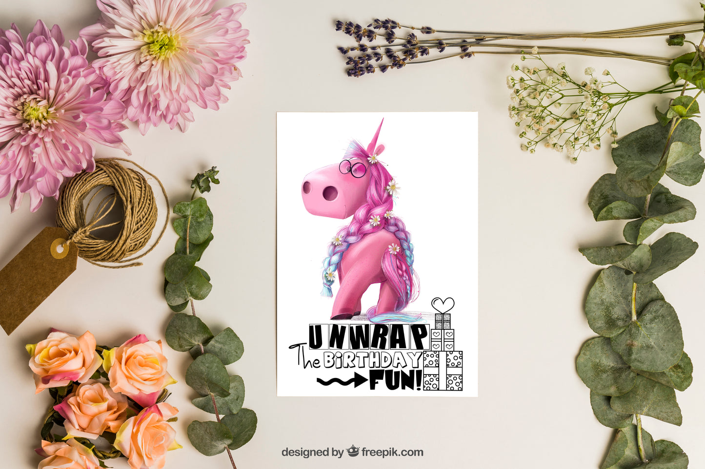 Design#149 Greeting Card, Happy Birthday, Hearts, Glamour, I love you, Luxury, Kids, Pink Unicorn