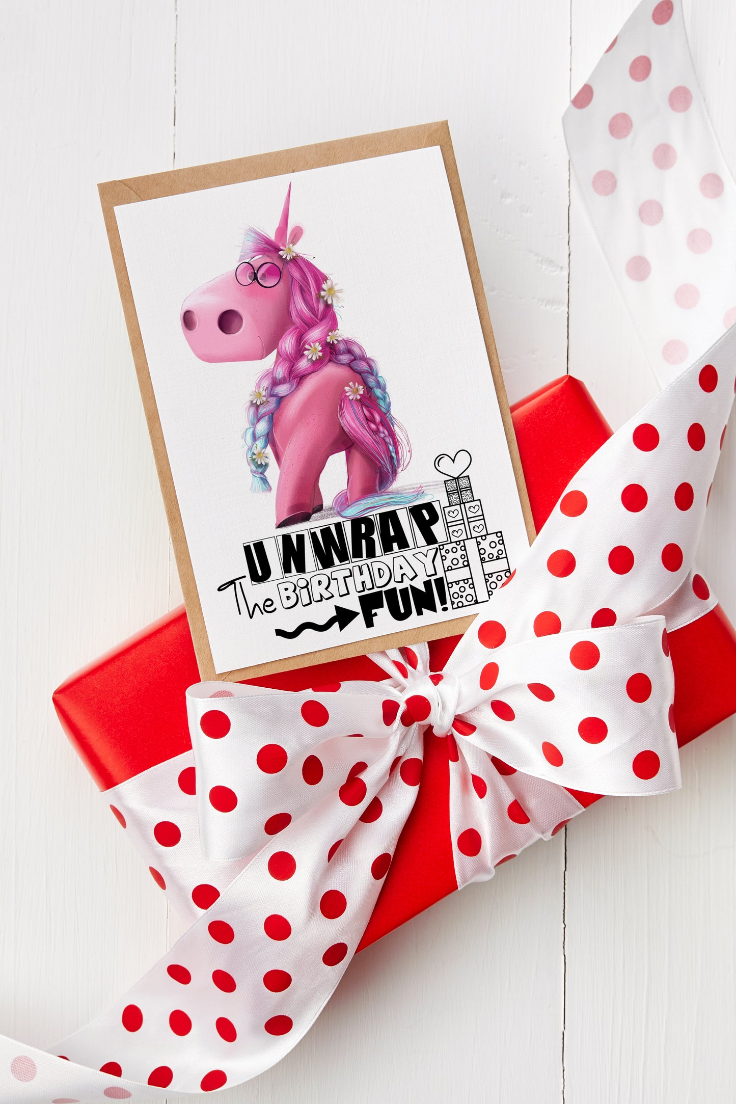 Design#149 Greeting Card, Happy Birthday, Hearts, Glamour, I love you, Luxury, Kids, Pink Unicorn