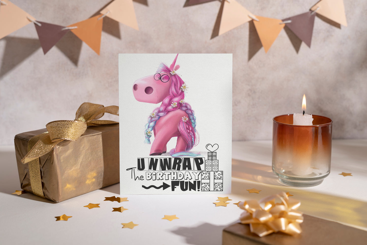 Design#149 Greeting Card, Happy Birthday, Hearts, Glamour, I love you, Luxury, Kids, Pink Unicorn