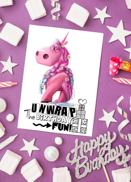 Design#149 Greeting Card, Happy Birthday, Hearts, Glamour, I love you, Luxury, Kids, Pink Unicorn