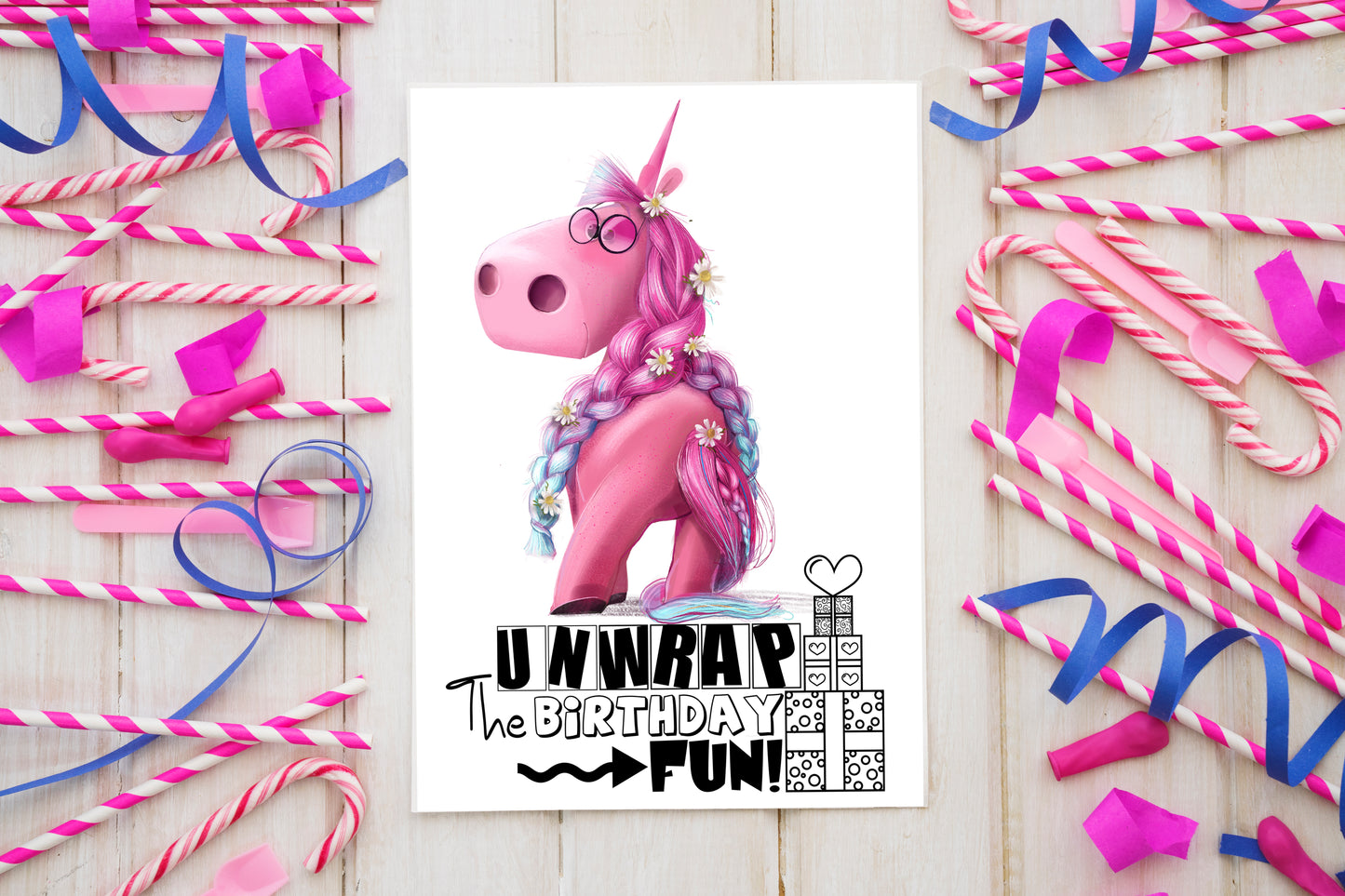 Design#149 Greeting Card, Happy Birthday, Hearts, Glamour, I love you, Luxury, Kids, Pink Unicorn