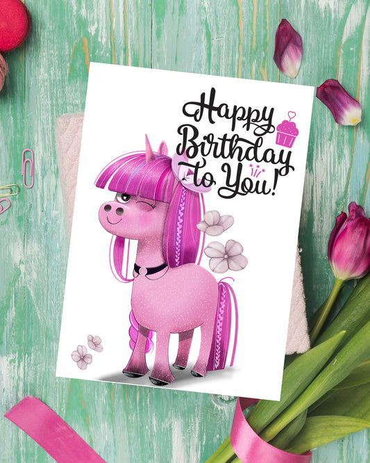 Design#150 Greeting Card, Happy Birthday, Hearts, Glamour, I love you, Luxury, Kids, Pink Unicorn
