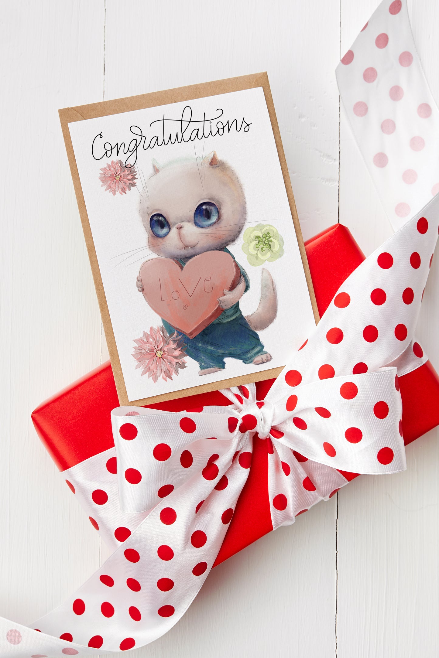 Design#153 Greeting Card, Happy Birthday, Hearts, Cat, I love you, Kids, Cute kitten with Love