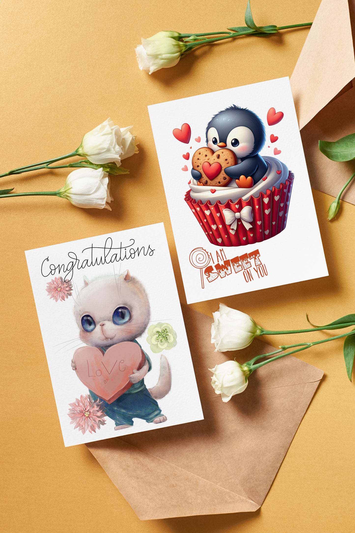 Design#153 Greeting Card, Happy Birthday, Hearts, Cat, I love you, Kids, Cute kitten with Love