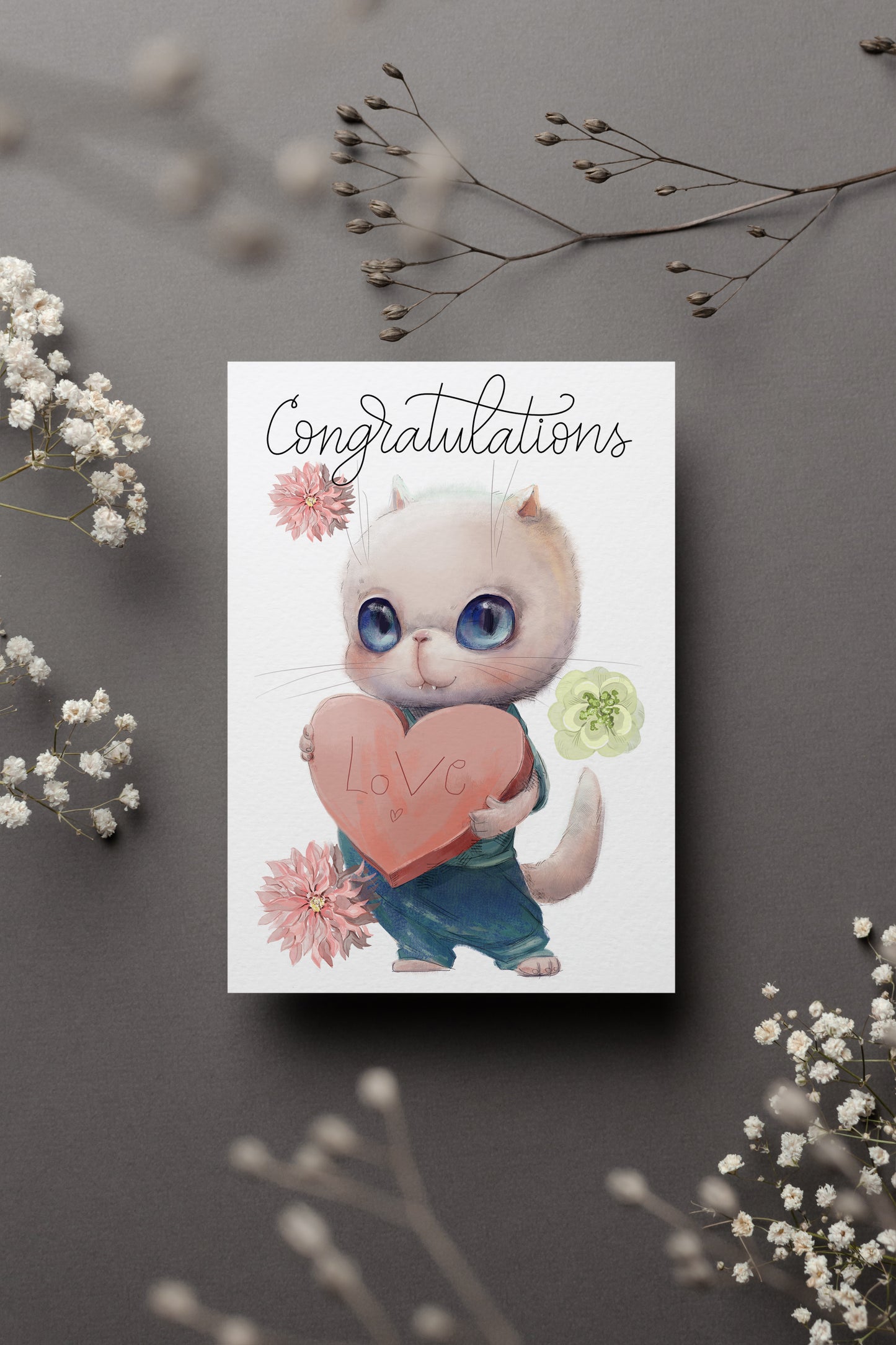 Design#153 Greeting Card, Happy Birthday, Hearts, Cat, I love you, Kids, Cute kitten with Love