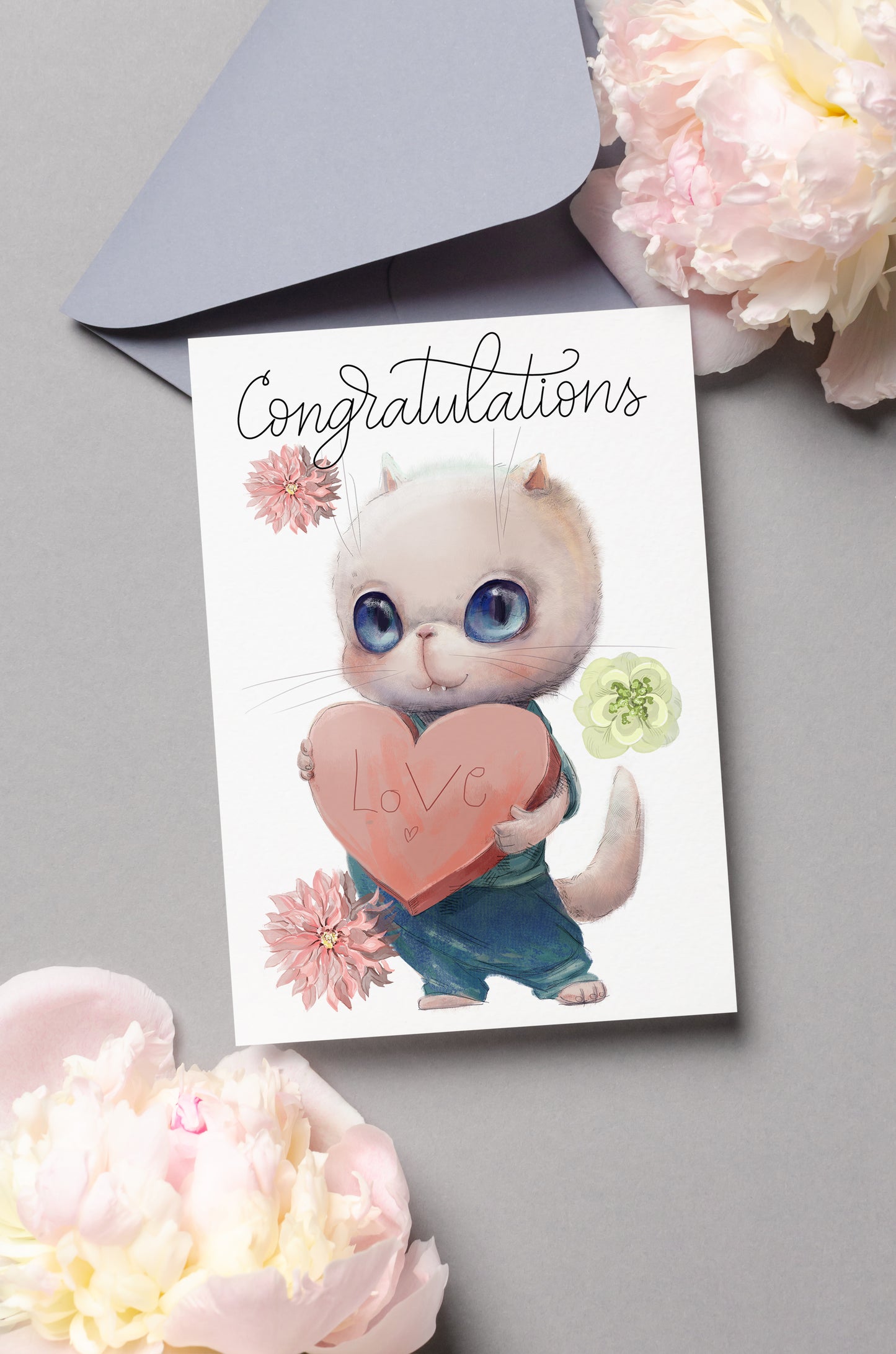 Design#153 Greeting Card, Happy Birthday, Hearts, Cat, I love you, Kids, Cute kitten with Love