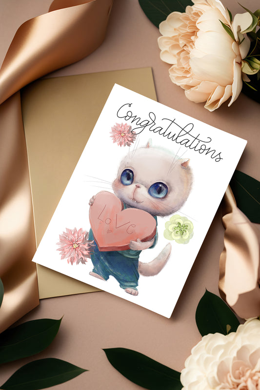 Design#153 Greeting Card, Happy Birthday, Hearts, Cat, I love you, Kids, Cute kitten with Love