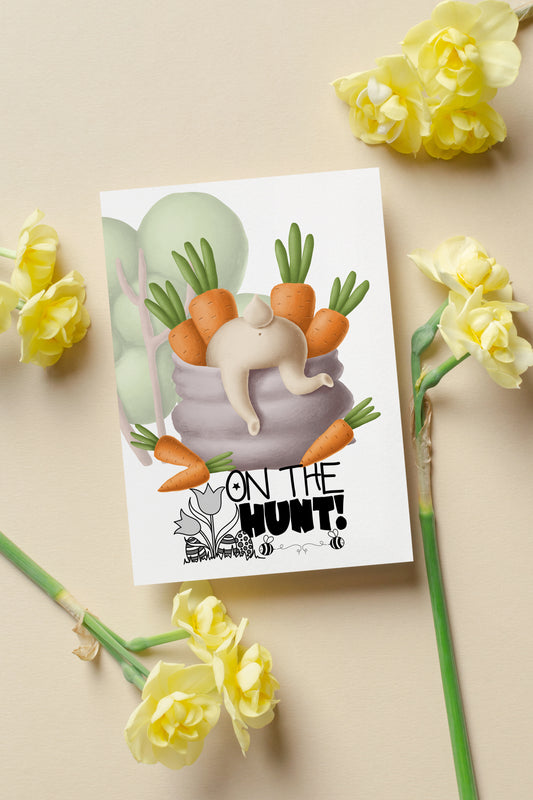 Design#158 Greeting Card, Love, Gifts, Spring, Eggs Hunt,  Bunnies with Carrots, Happy Easter