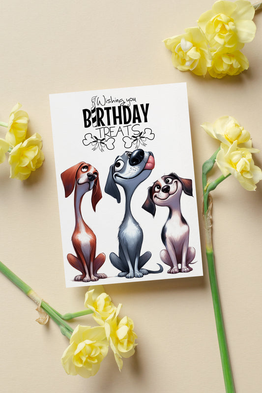 Design#161 Greeting Card, Canine, Humor, Pets, Dogs, Dog Lovers, Treats, Birthday, Romance, Three Funny Dogs