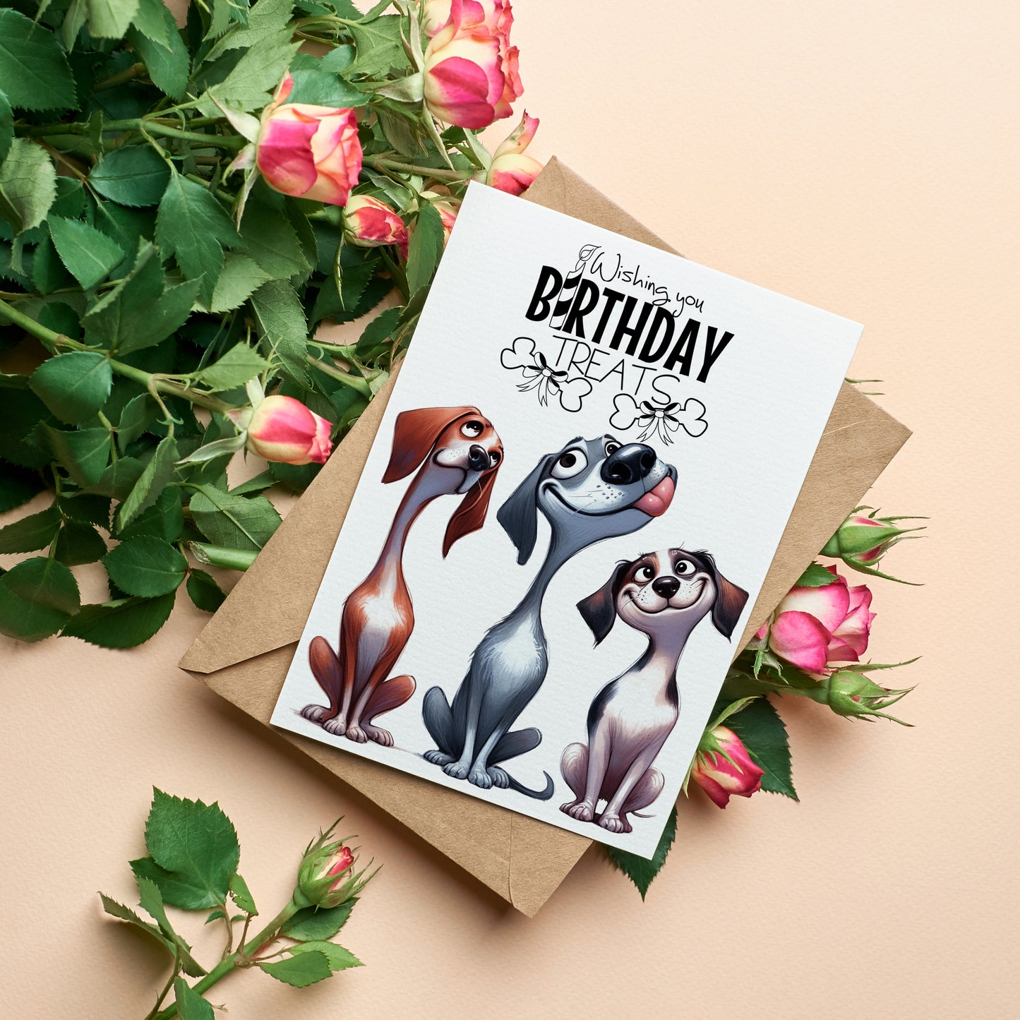 Design#161 Greeting Card, Birthday, Wishes, Dogs Lover, Gifts, I love you, Frienship, Dogs, Three Funny CartoonDogs