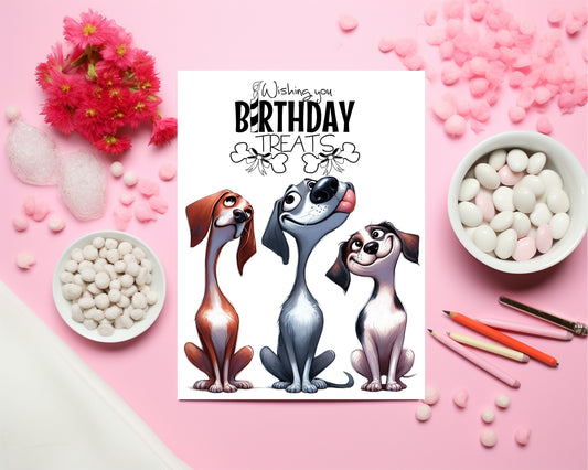 Design#161 Greeting Card, Birthday, Wishes, Dogs Lover, Gifts, I love you, Frienship, Dogs, Three Funny CartoonDogs