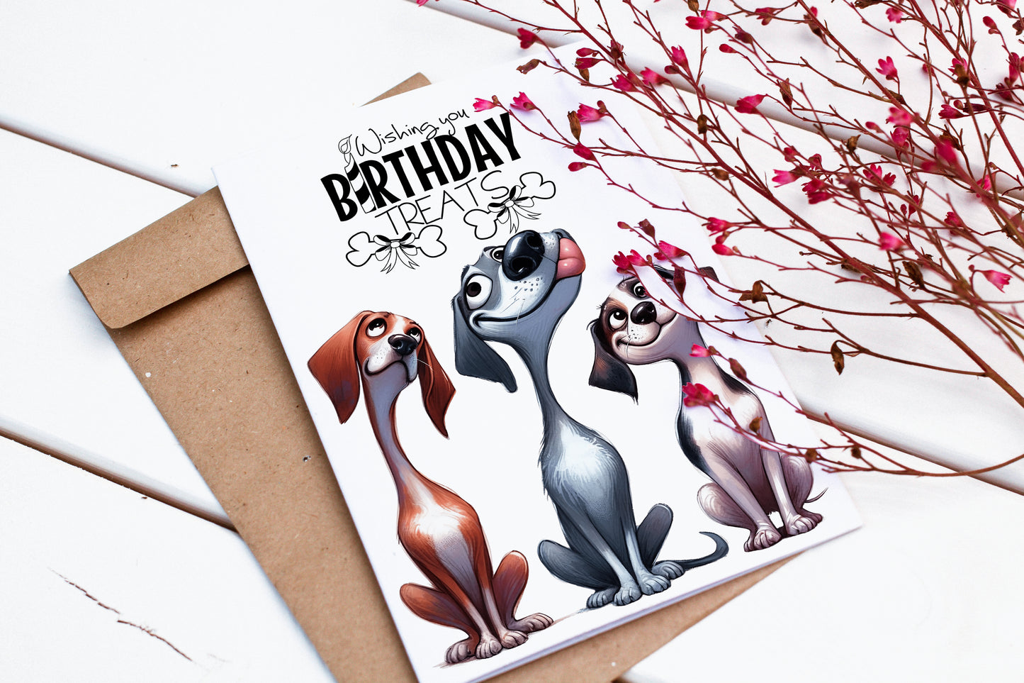 Design#161 Greeting Card, Birthday, Wishes, Dogs Lover, Gifts, I love you, Frienship, Dogs, Three Funny CartoonDogs