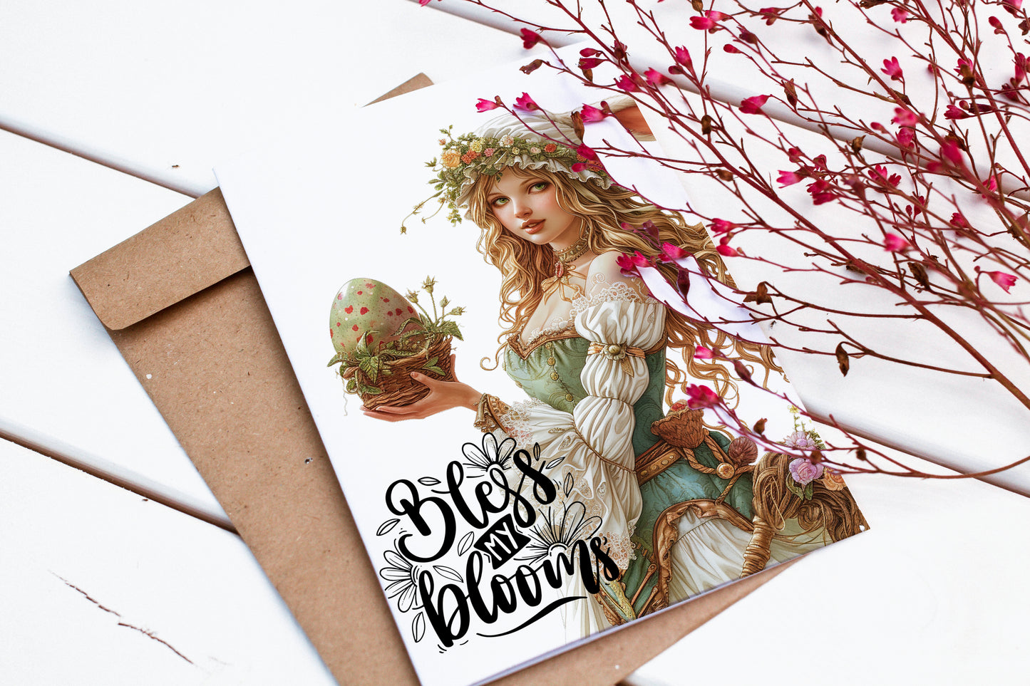 Design#178 Greeting Card, Love, Spring, Eggs Hunting, Blooming, Medieval, Bless the Bloom