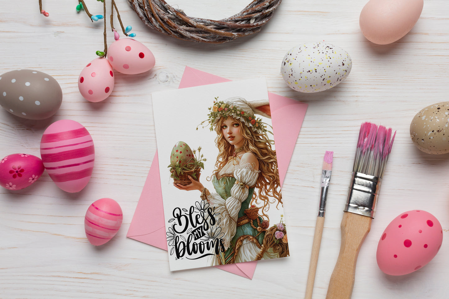 Design#178 Greeting Card, Love, Spring, Eggs Hunting, Blooming, Medieval, Bless the Bloom