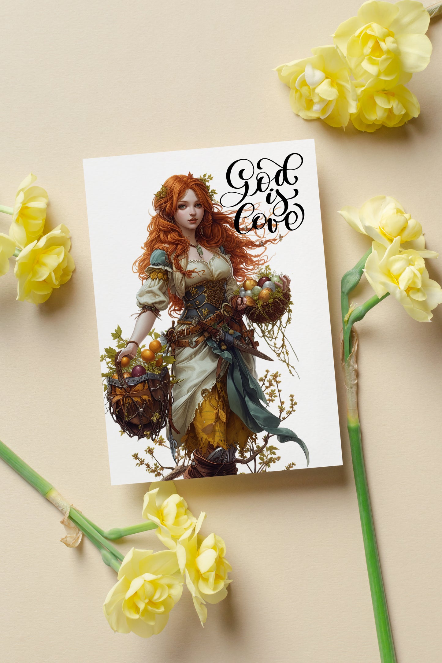 Design#179 Greeting Card, Love, Spring, Joy, Blessings, Eggs Hunting, Blooming, Medieval, God is Love