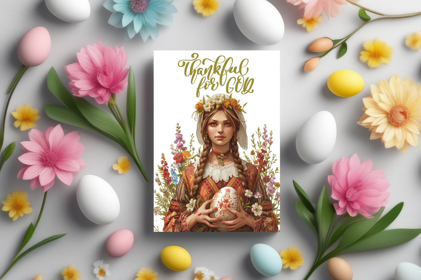 Design#182 Greeting Card, Love, Harmony, Spring, Joy, Blessings, Eggs Hunting, Blooming, Medieval, The God gives Life