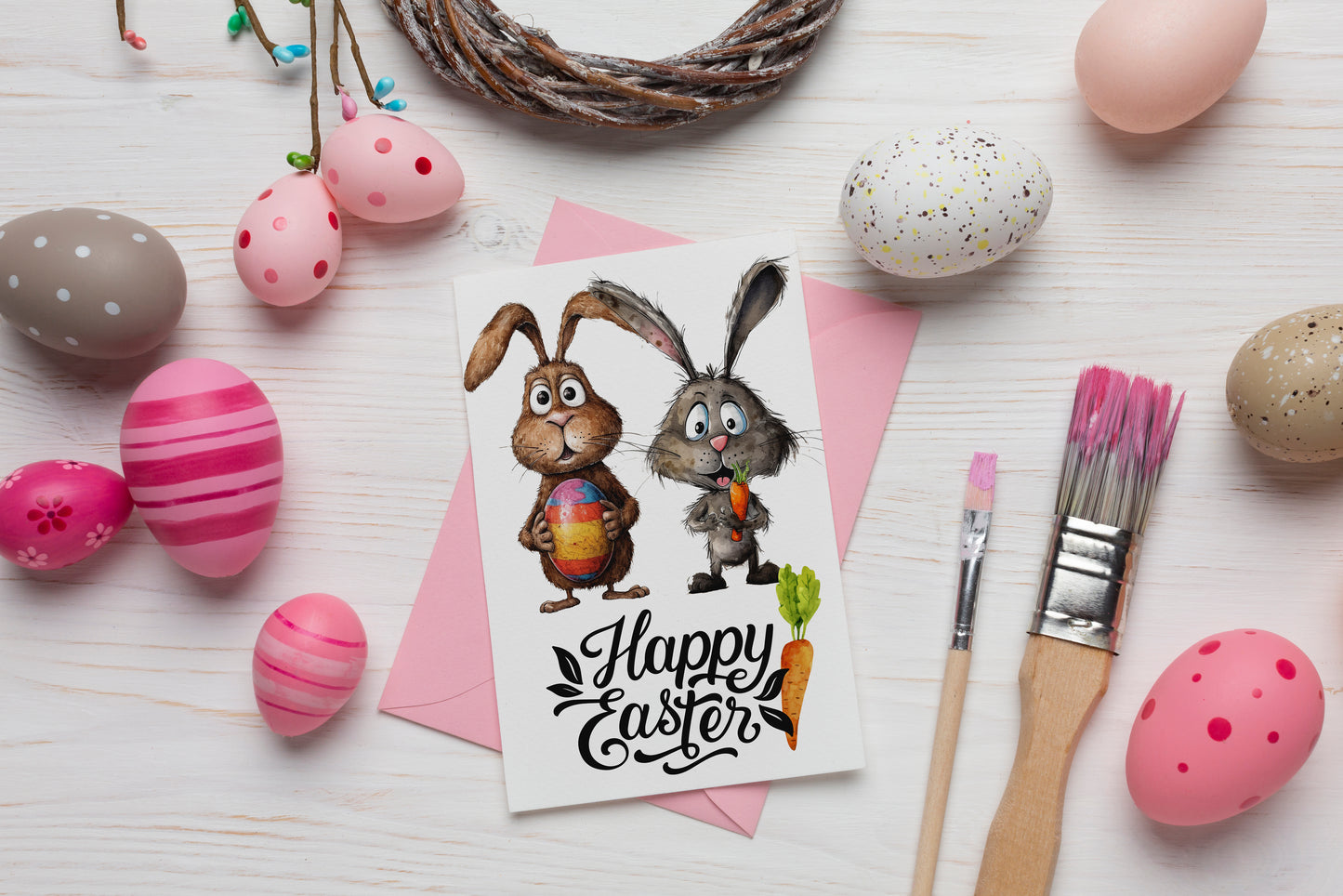 Design#186 Greeting Card, Love, Gifts, Spring, Eggs Hunting, Eggstavaganza, Bunnies with Carrots, Happy Easter