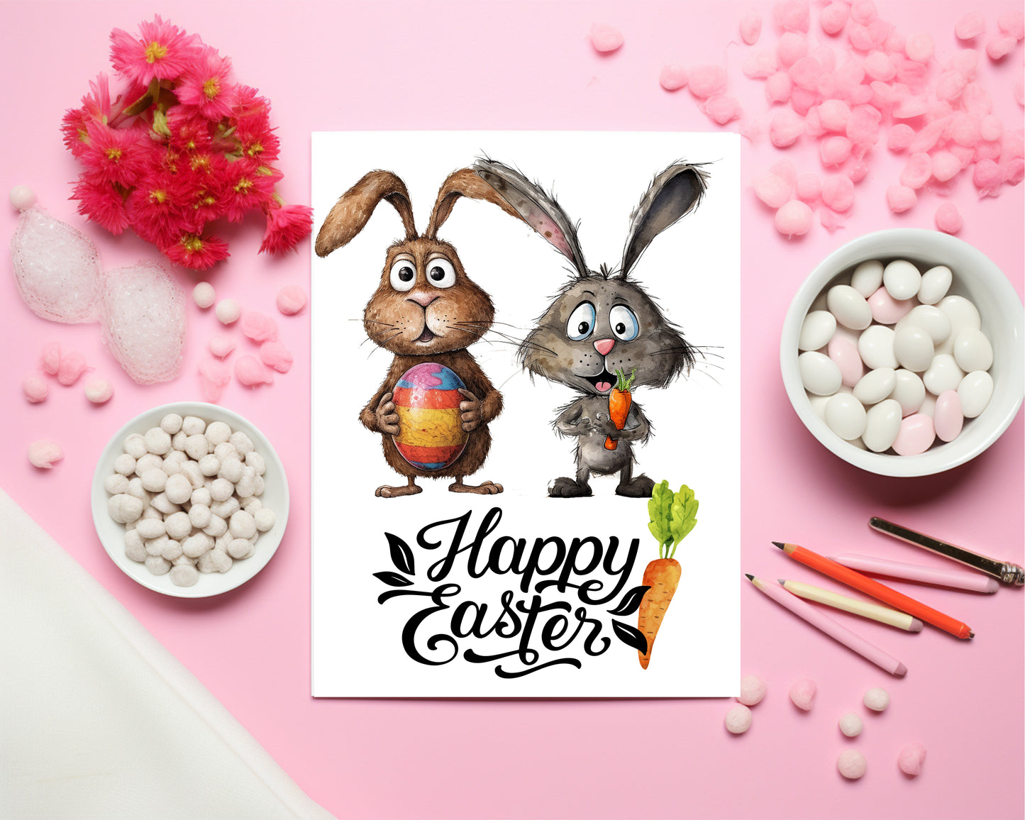 Design#186 Greeting Card, Love, Gifts, Spring, Eggs Hunting, Eggstavaganza, Bunnies with Carrots, Happy Easter