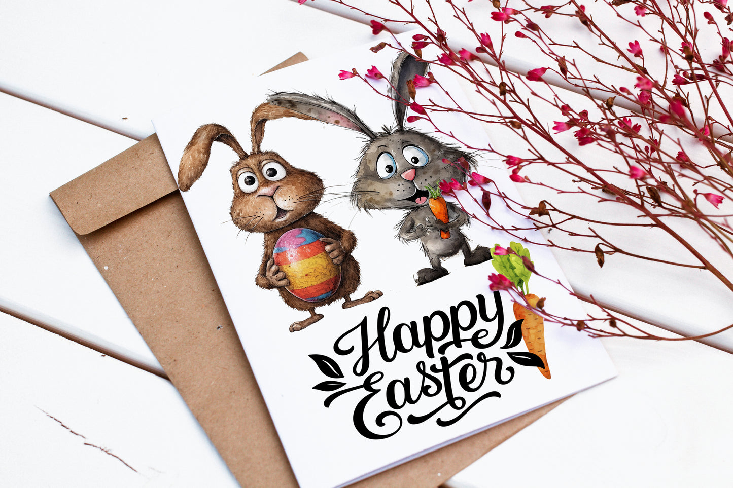 Design#186 Greeting Card, Love, Gifts, Spring, Eggs Hunting, Eggstavaganza, Bunnies with Carrots, Happy Easter