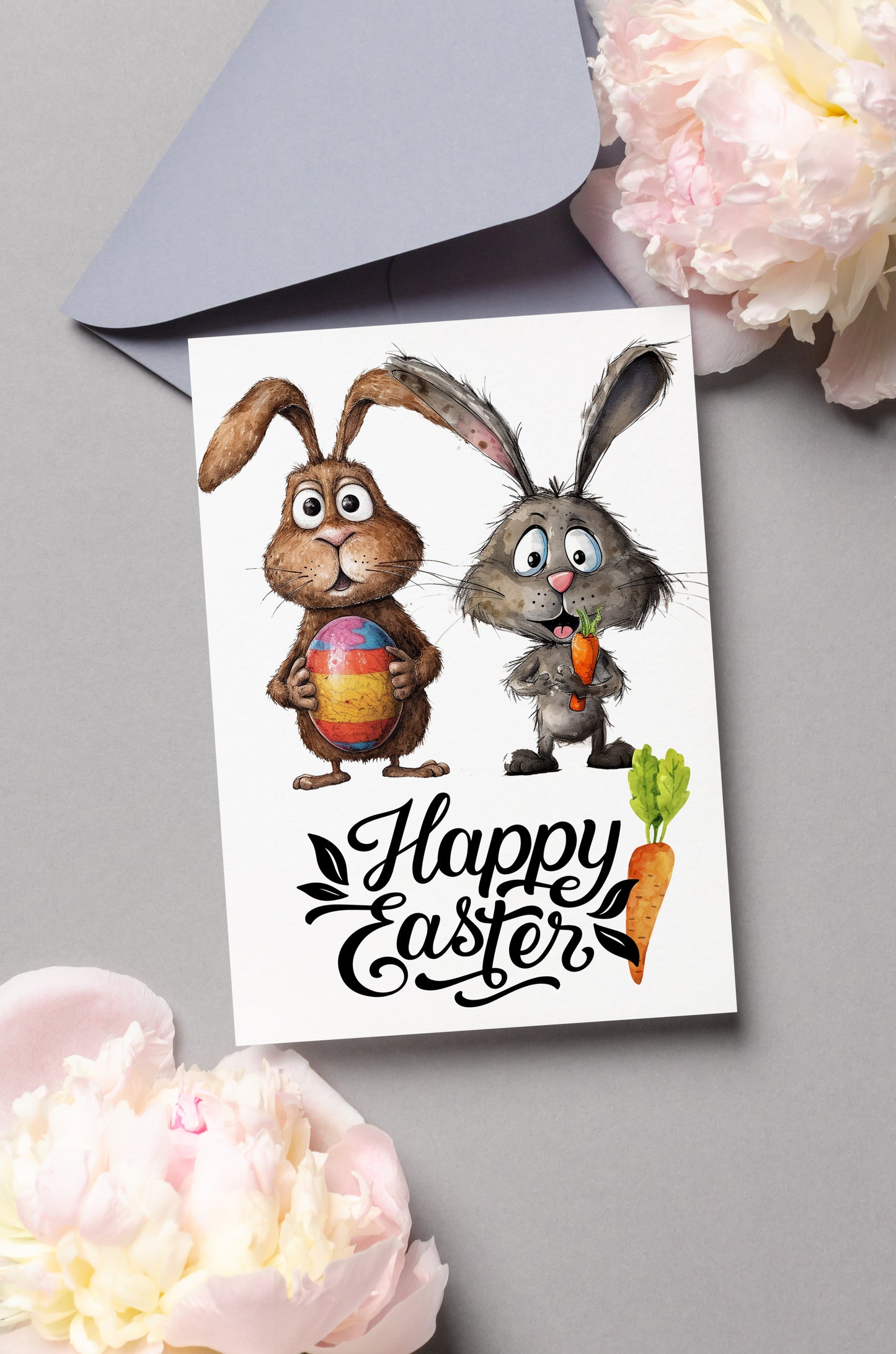 Design#186 Greeting Card, Love, Gifts, Spring, Eggs Hunting, Eggstavaganza, Bunnies with Carrots, Happy Easter