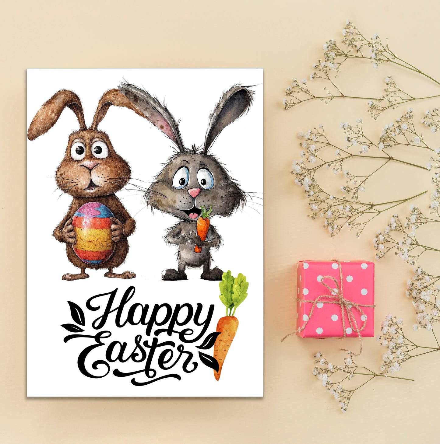 Design#186 Greeting Card, Love, Gifts, Spring, Eggs Hunting, Eggstavaganza, Bunnies with Carrots, Happy Easter