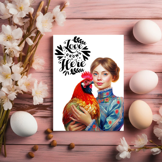 Design#196 Greeting Card, Love, Gifts, Spring Celebrations,Joy, Eggs Hunt, Farm Lady, Rooster, Happy Easter
