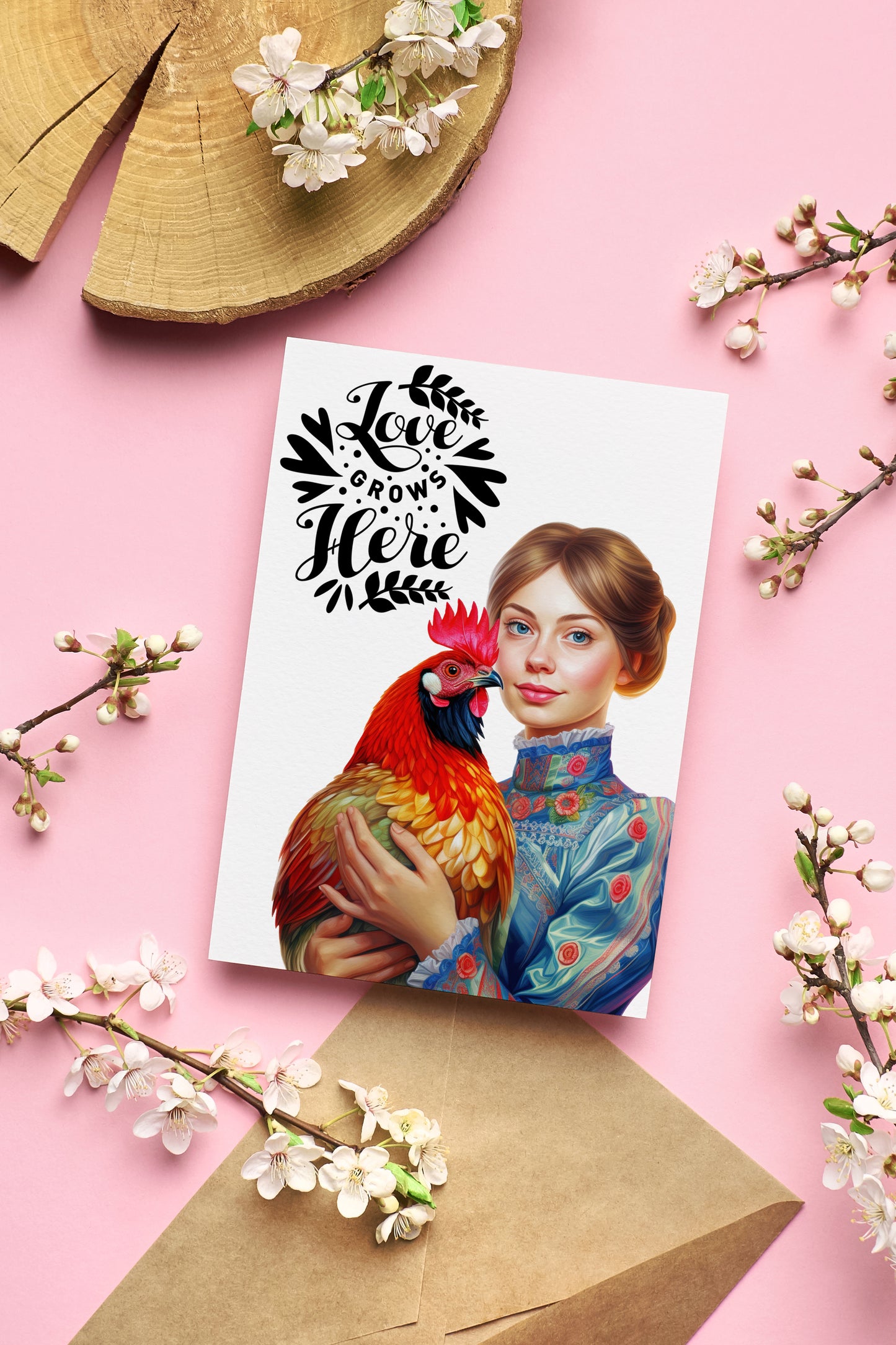 Design#196 Greeting Card, Love, Gifts, Spring Celebrations,Joy, Eggs Hunt, Farm Lady, Rooster, Happy Easter