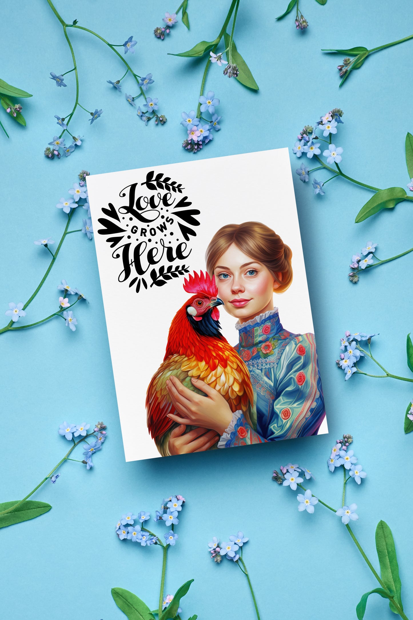 Design#196 Greeting Card, Love, Gifts, Spring Celebrations,Joy, Eggs Hunt, Farm Lady, Rooster, Happy Easter