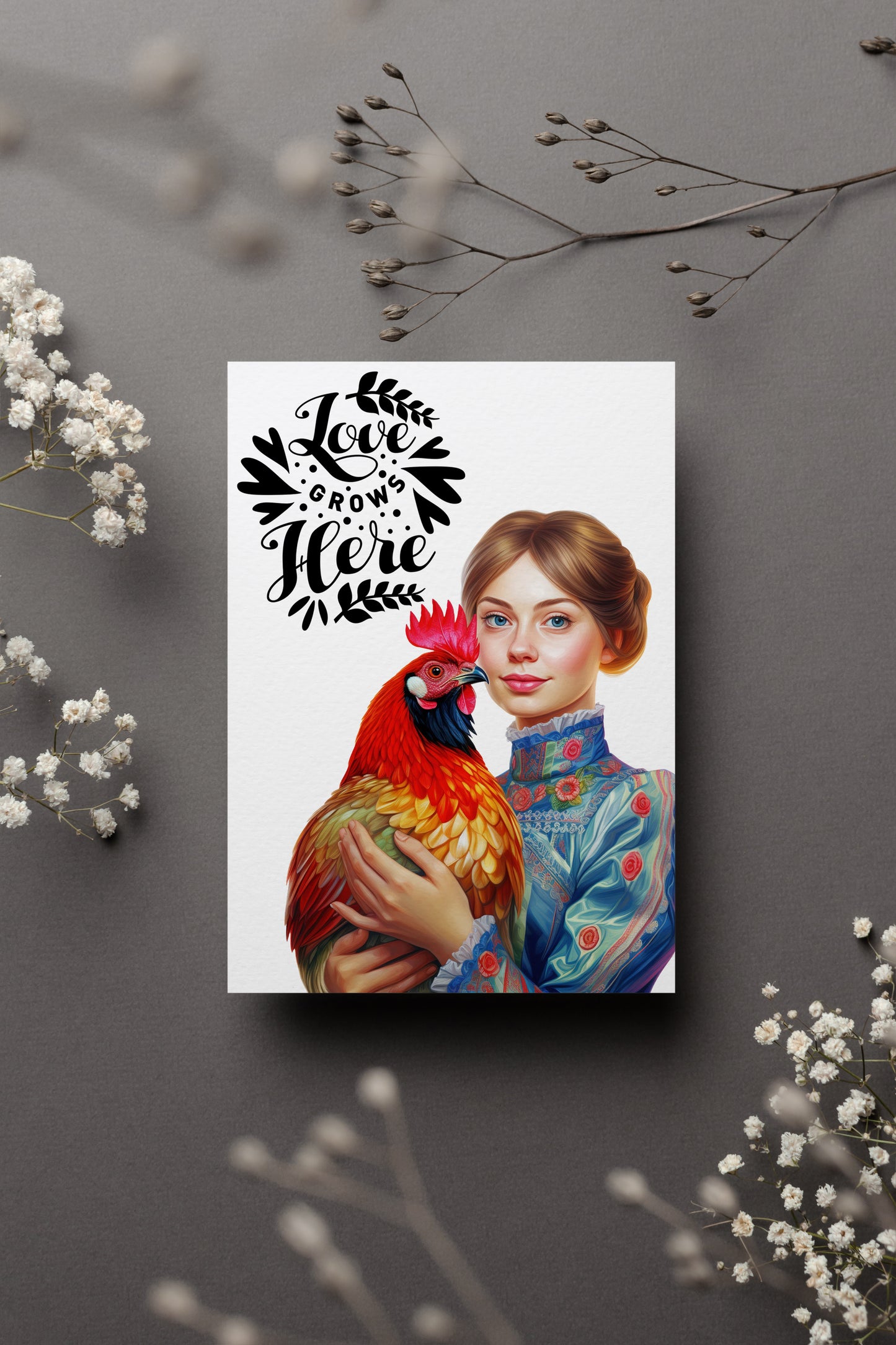 Design#196 Greeting Card, Love, Gifts, Spring Celebrations,Joy, Eggs Hunt, Farm Lady, Rooster, Happy Easter