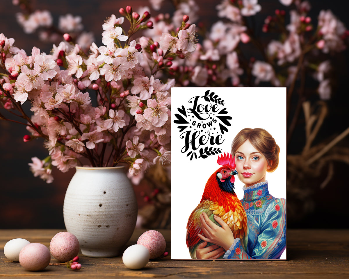 Design#196 Greeting Card, Love, Gifts, Spring Celebrations,Joy, Eggs Hunt, Farm Lady, Rooster, Happy Easter