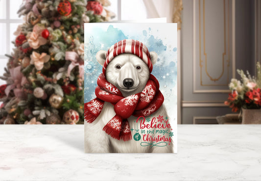 Design#207 Greeting Card, Christmas, Winter, Gifts, Festive Season, Holidays, Magic, Polar Bear with Red Scarf