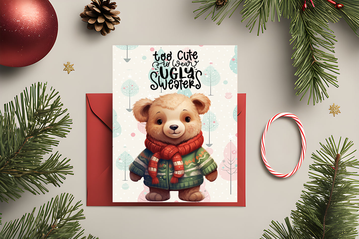 Design#211 Greeting Card, Christmas, Winter, Gifts, Festive Season, Holidays, Magic, Cute Bear with Red Scarf