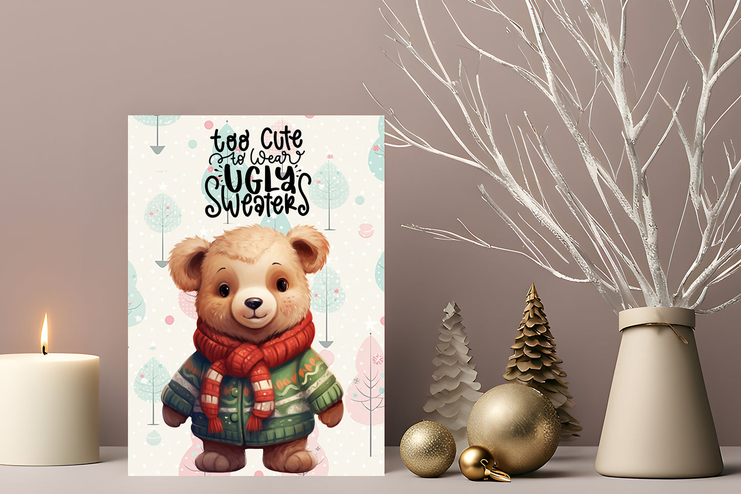 Design#211 Greeting Card, Christmas, Winter, Gifts, Festive Season, Holidays, Magic, Cute Bear with Red Scarf