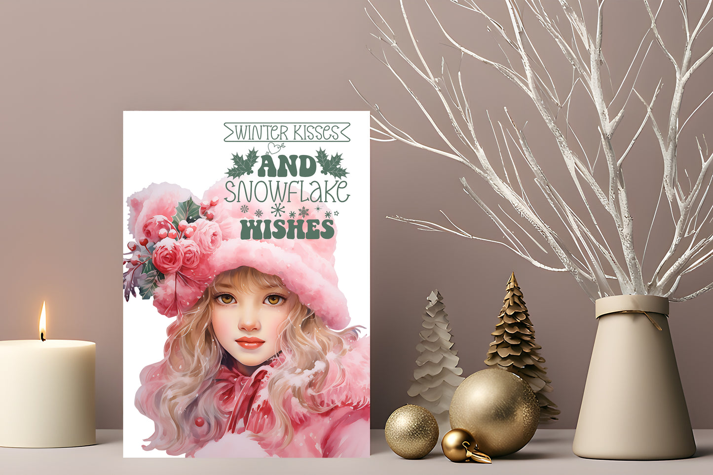 Design#5 Greeting Card, Christmas, Winter, Gifts, Festive Season, Holidays, Pink Magic, Snowflake Wishes