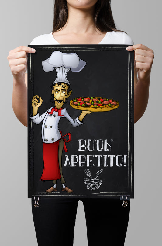 D#422 Wall art prints, Chalkboard art, Kitchen, Plate, Dinner, Breakfast, Cook, Chef, Italy, Pizza, Buon Appetito